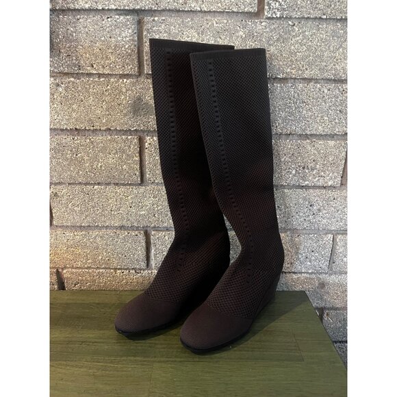 Eileen Fisher Brown Stretch Knit Wedge Boots - Picture 2 of 9